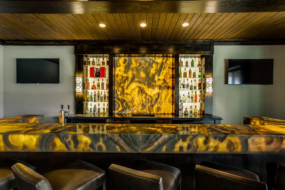 Backlit Onyx Gameroom with Transitional Design and Calacatta Marble Kitchen by Aria Stone Gallery - Photo 11