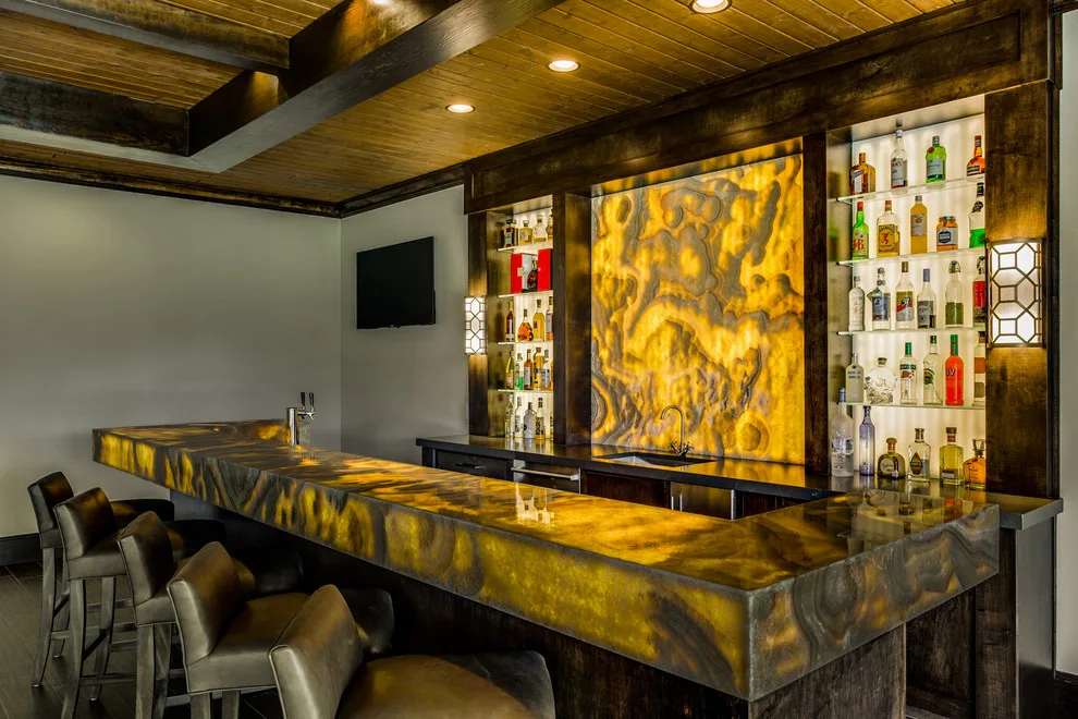 Backlit Onyx Gameroom with Transitional Design and Calacatta Marble Kitchen by Aria Stone Gallery - Photo 5