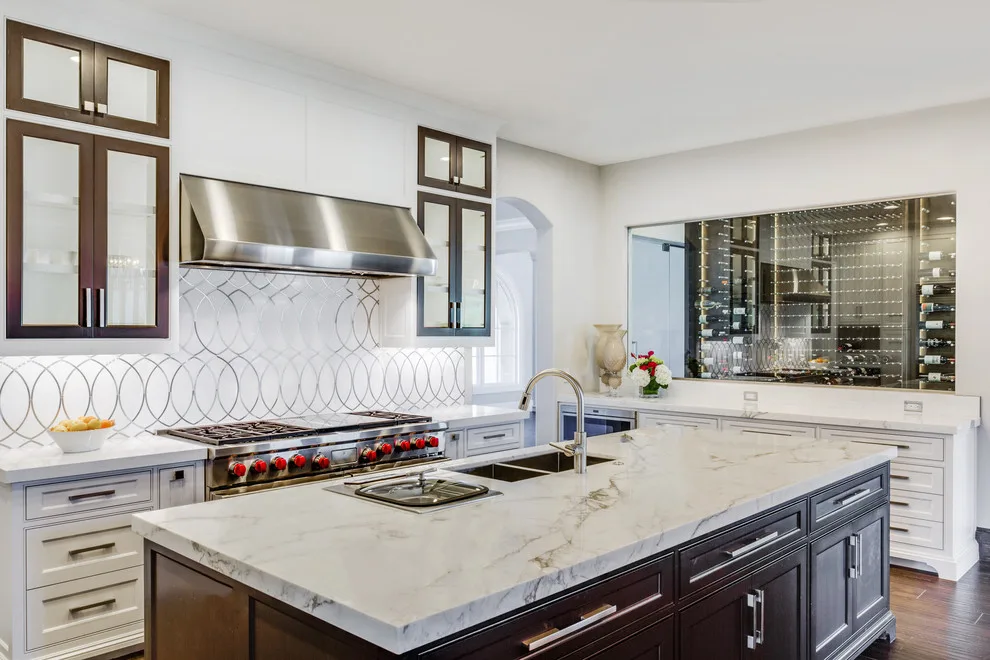 Backlit Onyx Gameroom with Transitional Design and Calacatta Marble Kitchen by Aria Stone Gallery - Photo 13