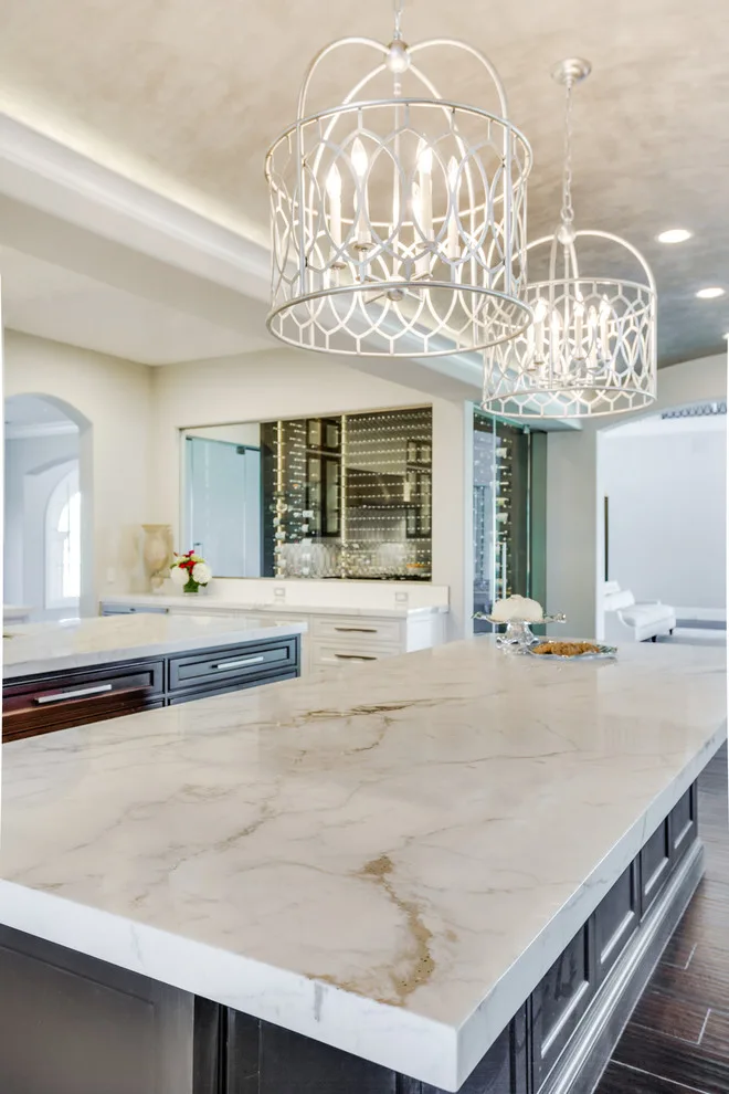 Backlit Onyx Gameroom with Transitional Design and Calacatta Marble Kitchen by Aria Stone Gallery - Photo 14