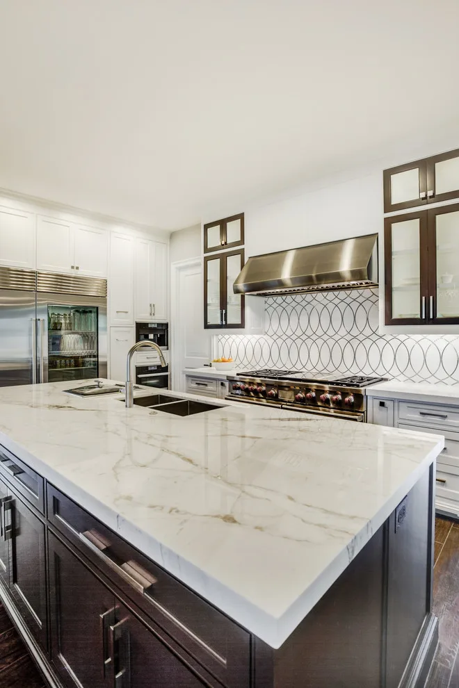 Backlit Onyx Gameroom with Transitional Design and Calacatta Marble Kitchen by Aria Stone Gallery - Photo 15