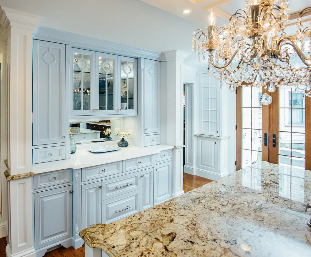 Blue China Hutch in a White Kitchen by Italian Marble & Granite Inc - Photo 5