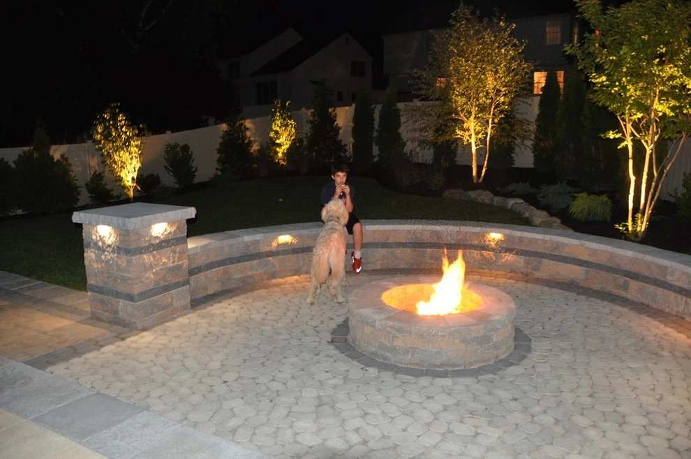 Techo-Bloc Patio Firepit Landscape, Seat wall, Landscape Lighting, Front Entry by Paradise Pavers Pond Landscaping LLC - Photo 5