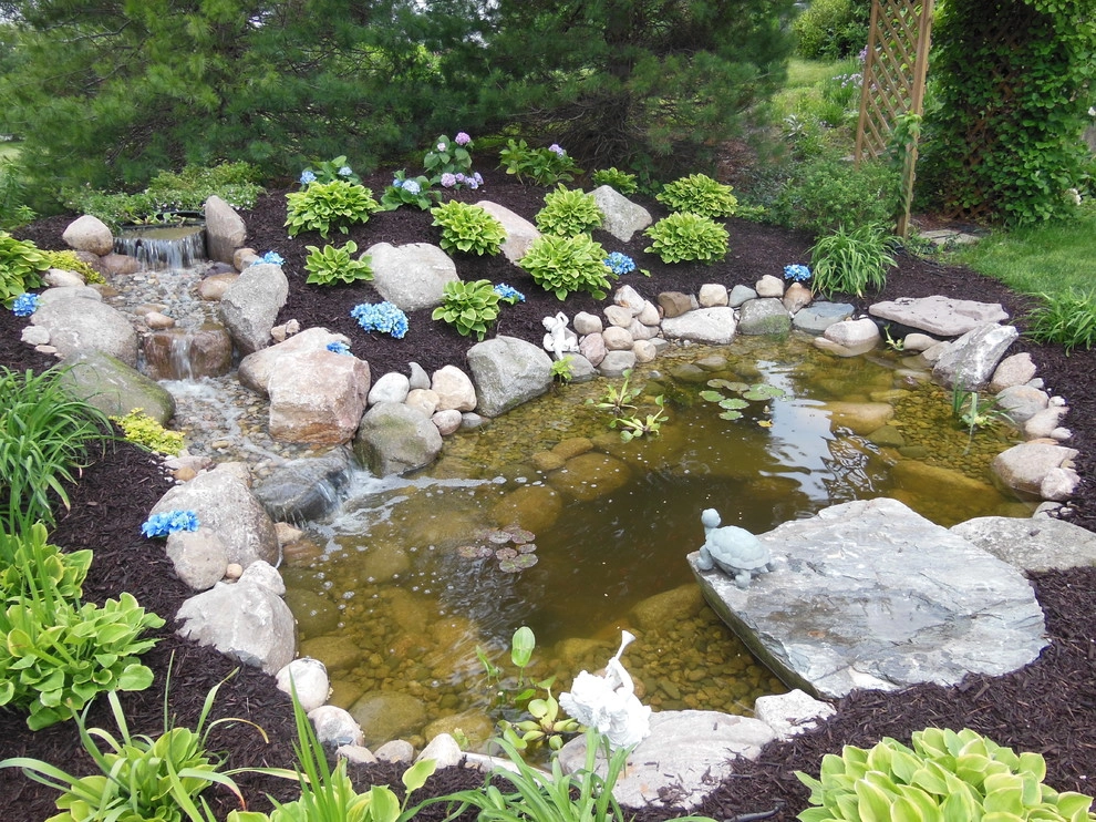 Bubacz Project, pondless waterfall, pond, landscaping, hydrangeas, field stone by Premiere Aquascapes - Photo 3