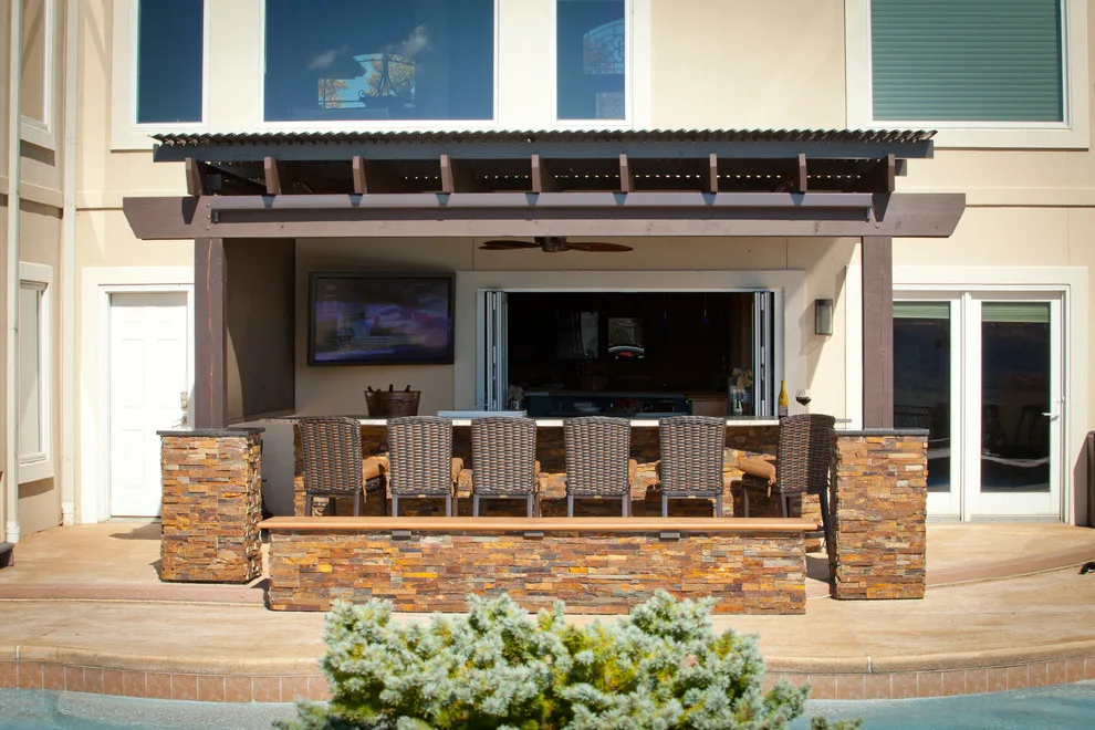 Louvered Roof with Stone Outdoor Kitchen by American Louvered Roof Systems - Photo 3