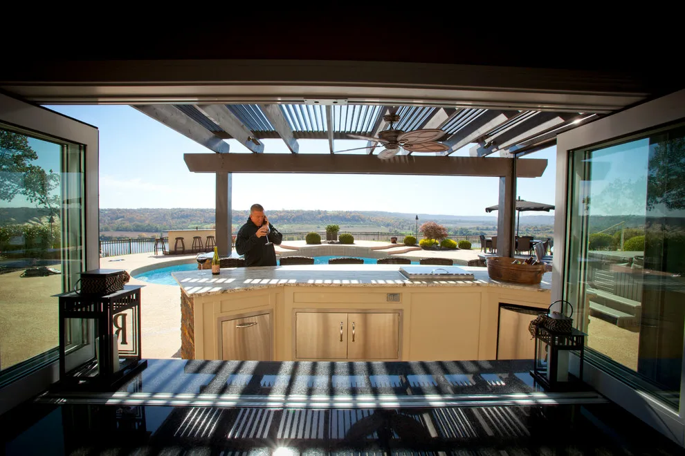 Louvered Roof with Stone Outdoor Kitchen by American Louvered Roof Systems - Photo 7