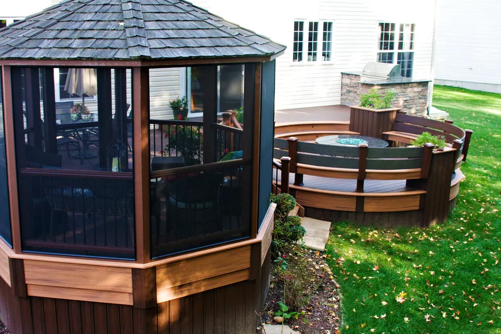 Screened Gazebo with Circular Fire Pit Deck by Miles Deck Construction - Photo 8