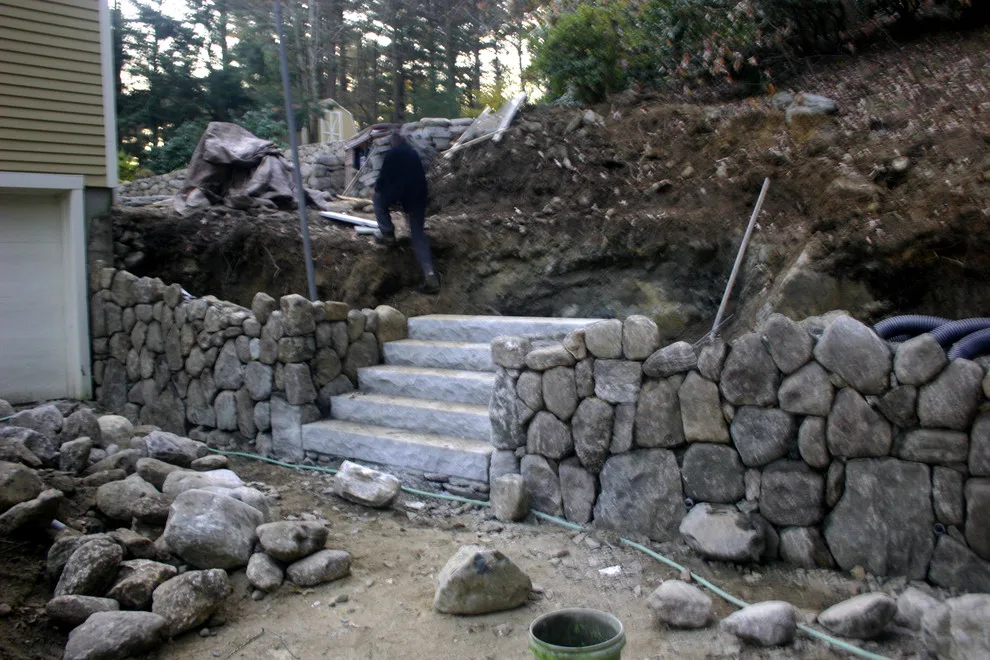 Fieldstone Wall Construction, Granite Step Installation & Paver Patio in Weston, MA by Premier Pavers & Hardscape Co - Photo 30