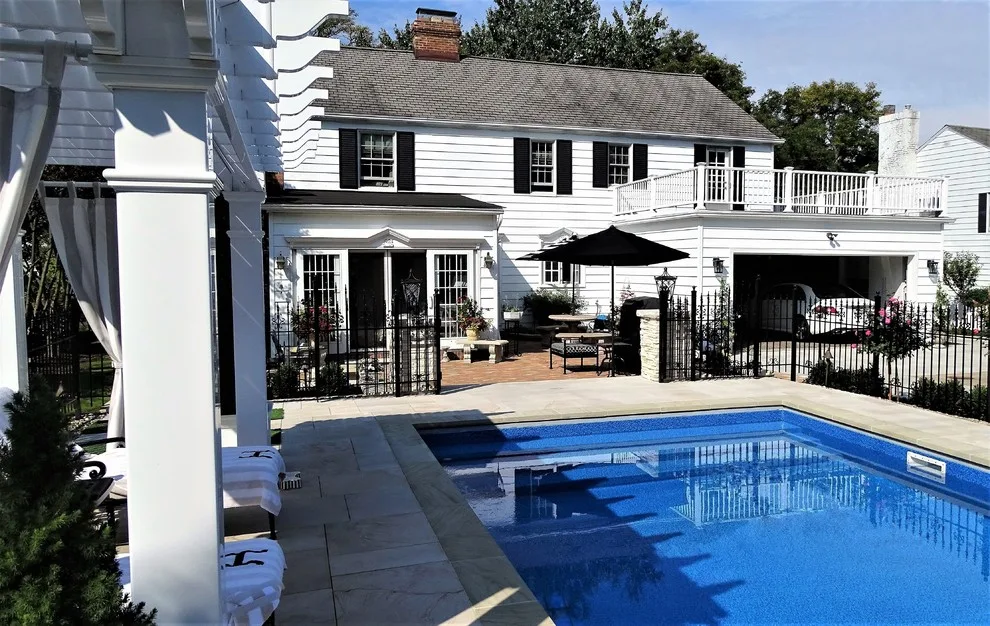 Checkerboard Turf Pool Project with Stone Patio by Land Creations Landscaping Inc. - Photo 2