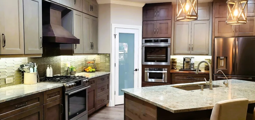 Rustic Modern Kitchen Renovation - Warm Taupe Cabinets and Textured Backsplash by Calming Spaces Interiors, Design & Remodeling - Photo 15