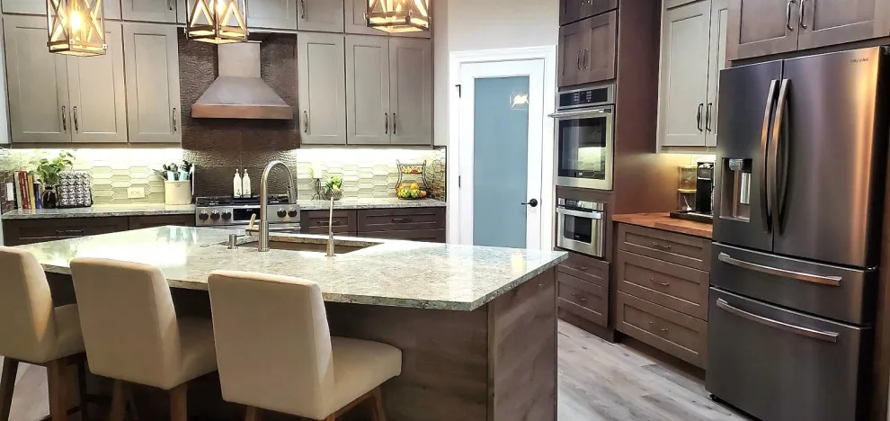 Rustic Modern Kitchen Renovation - Warm Taupe Cabinets and Textured Backsplash by Calming Spaces Interiors, Design & Remodeling - Photo 16