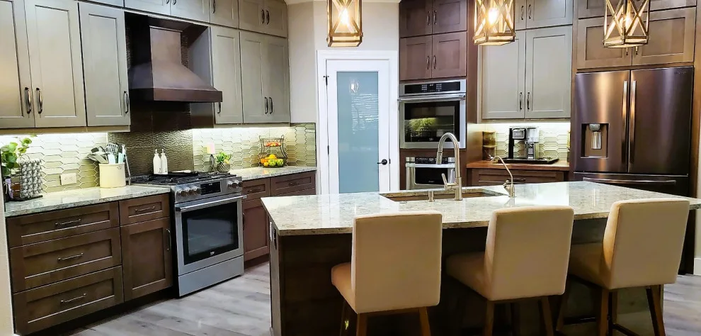 Rustic Modern Kitchen Renovation - Warm Taupe Cabinets and Textured Backsplash by Calming Spaces Interiors, Design & Remodeling - Photo 11