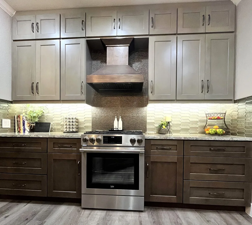Rustic Modern Kitchen Renovation - Warm Taupe Cabinets and Textured Backsplash by Calming Spaces Interiors, Design & Remodeling - Photo 3