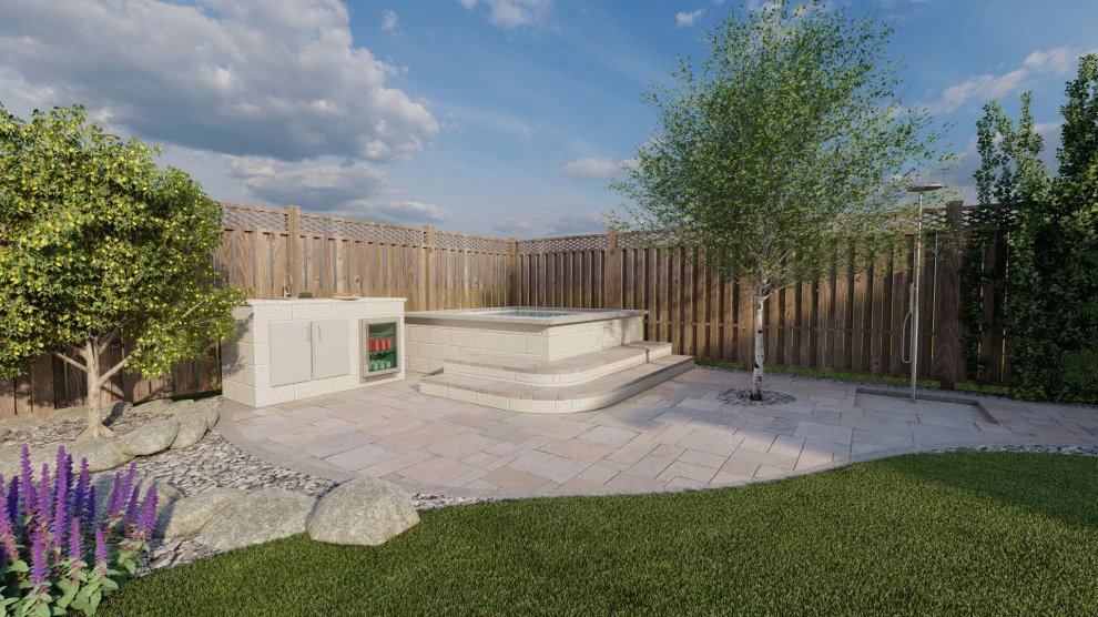 Backyard Oasis with 3D Design: Kitchen, Jacuzzi, Lighting, Pavers, and Shower! by San Jose Tree Service & Landscaping - Photo 11