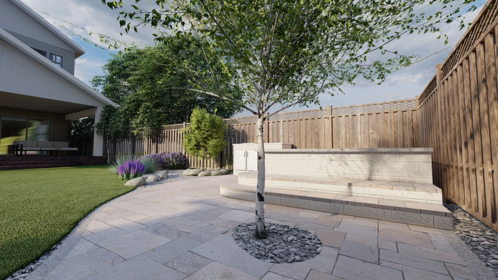Backyard Oasis with 3D Design: Kitchen, Jacuzzi, Lighting, Pavers, and Shower! by San Jose Tree Service & Landscaping - Photo 9