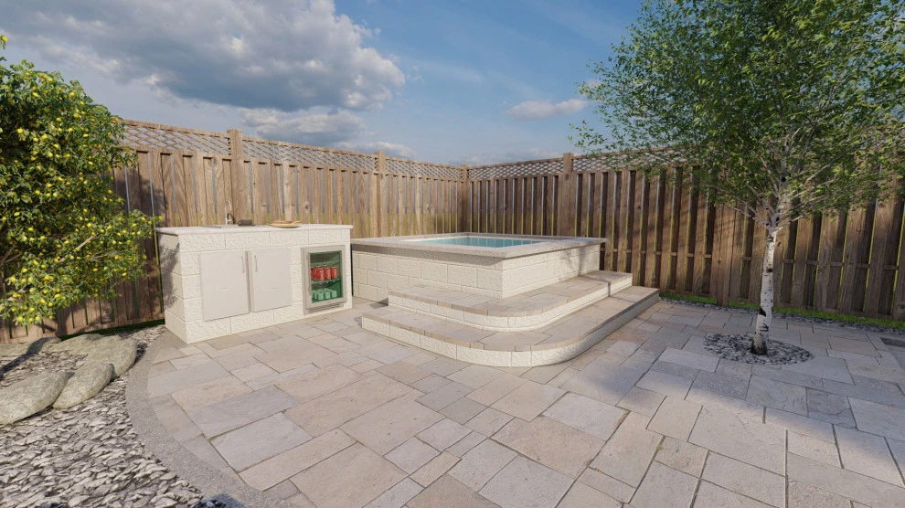 Backyard Oasis with 3D Design: Kitchen, Jacuzzi, Lighting, Pavers, and Shower! by San Jose Tree Service & Landscaping - Photo 8