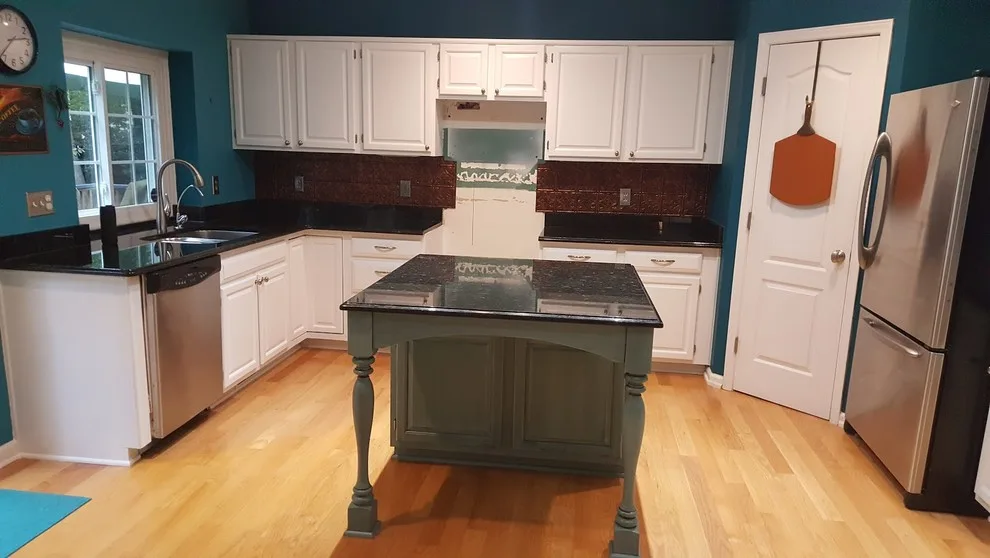 White Painted Oak Cabinets with a Blue/Stained Island by Wallscapers Kitchen & Bath Innovations - Photo 4