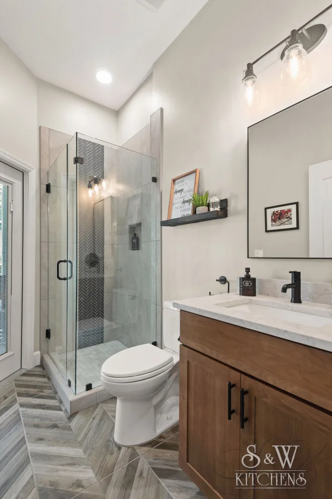 Contemporary Industrial Pool Bathroom by Sarah Kraus Bartelson - S&W Kitchens - Photo 6