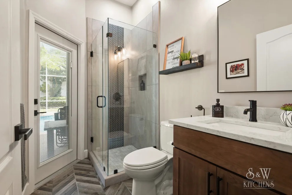 Contemporary Industrial Pool Bathroom by Sarah Kraus Bartelson - S&W Kitchens - Photo 4