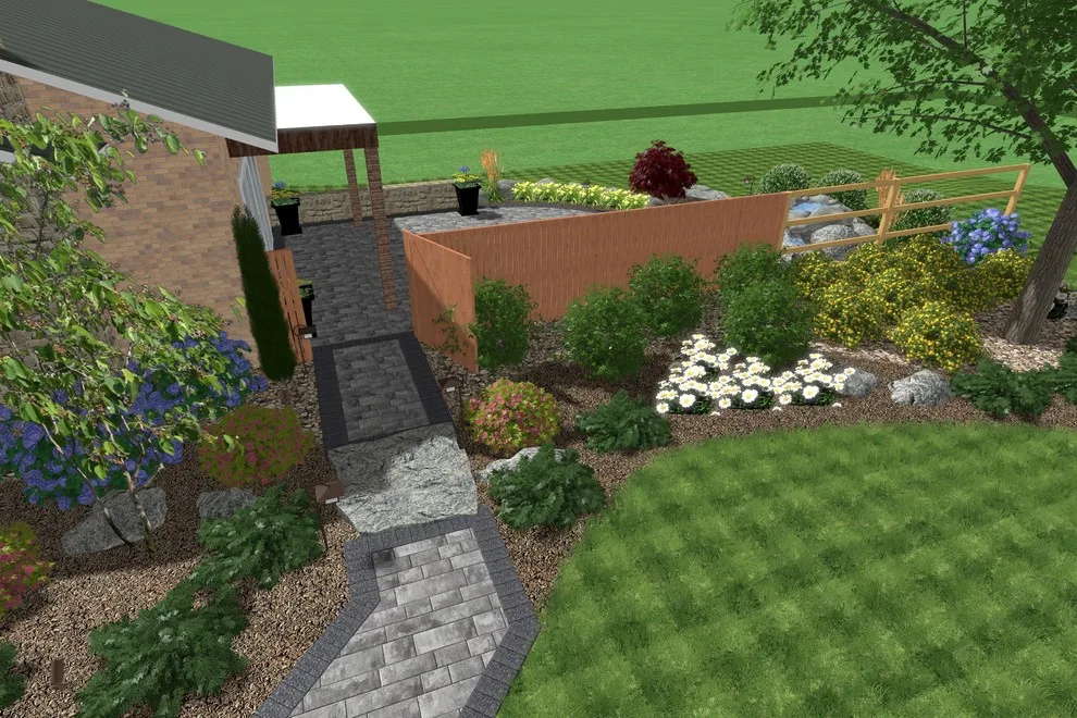 Exterior Garden, Pathway, Deck, and Water Feature by Blue Fox Landscape Design Inc - Photo 9