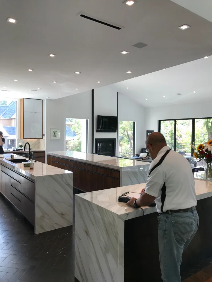 Contemporary Walnut Kitchen Featuring Three Islands by Servigon Construction Group - Photo 6