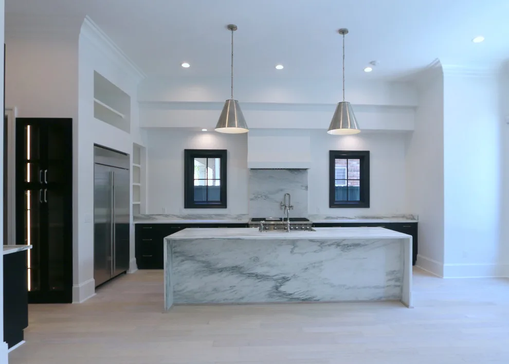 Modern Kitchen Design Featuring a Marble Waterfall Countertop by Classic Cupboards, Inc - Photo 2