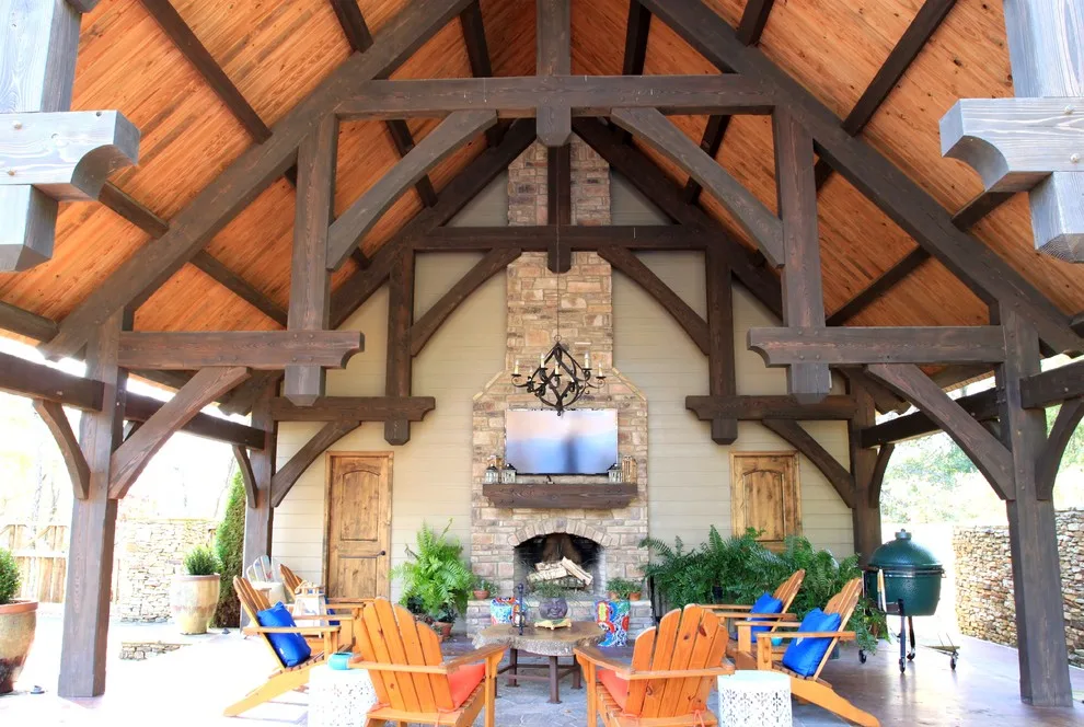 Alabama Pool Pavilion with Fireplace and Heavy Timber Structure by Homestead Timber Frames - Photo 5
