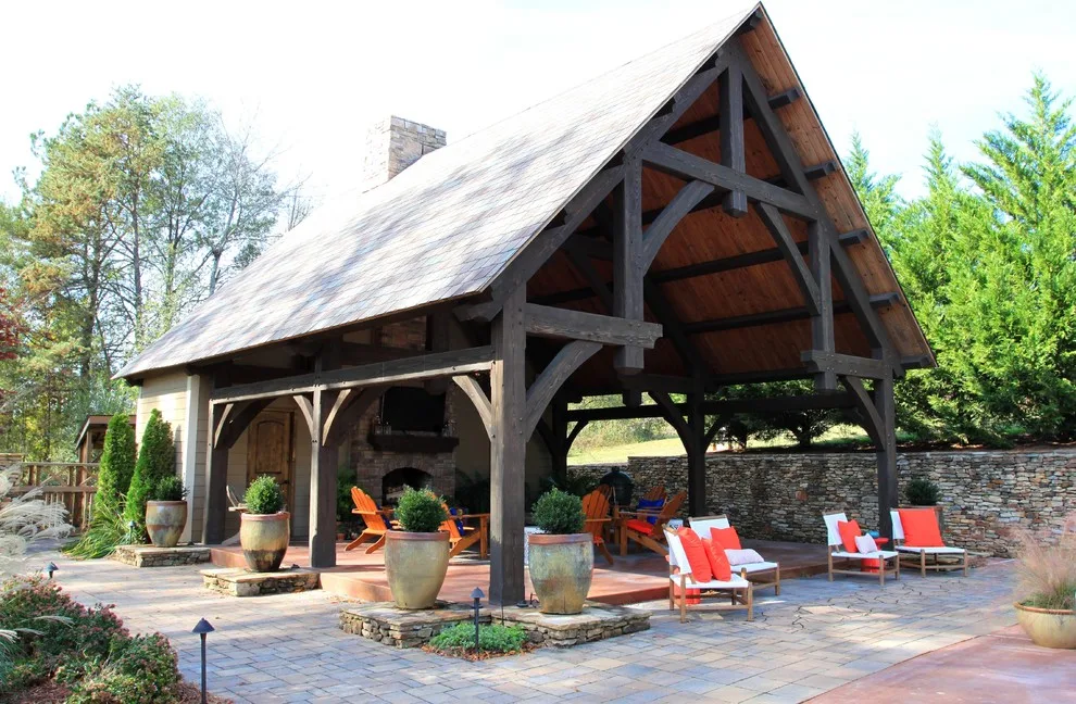 Alabama Pool Pavilion with Fireplace and Heavy Timber Structure by Homestead Timber Frames - Photo 2