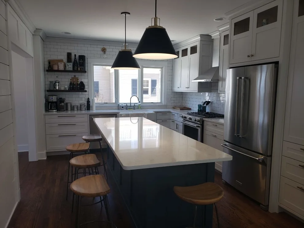 Open Concept Dining Room Project with White Kitchen and Blue Island by CJC Carpentry, LLC - Photo 3