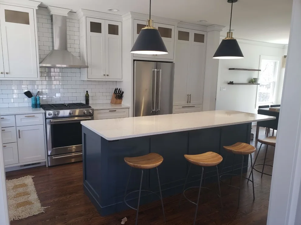 Open Concept Dining Room Project with White Kitchen and Blue Island by CJC Carpentry, LLC - Photo 2