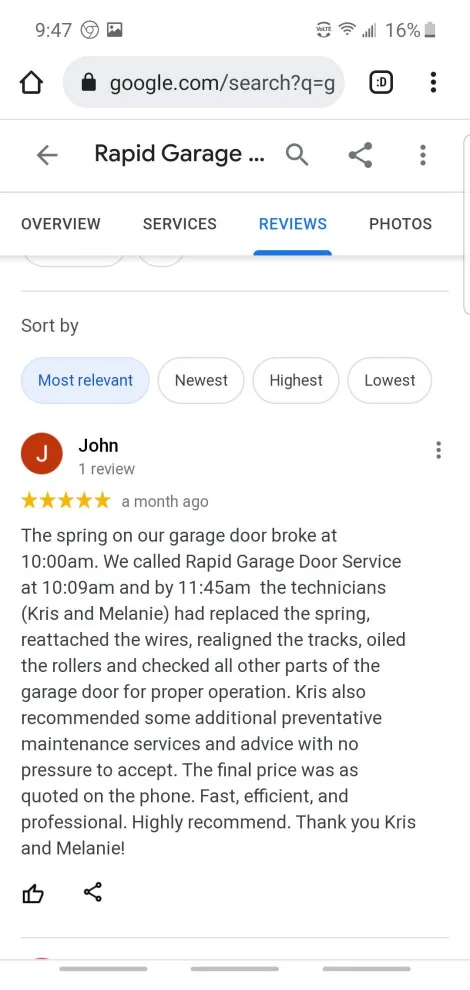 Customer Feedback by Rapid Garage Door Service - Photo 19