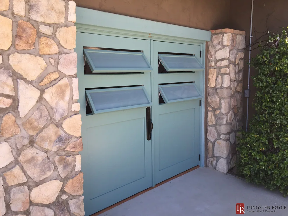 Frosted Louvre Windows on Teal Carriage Doors by Tungsten Royce Custom Wood Products - Photo 2