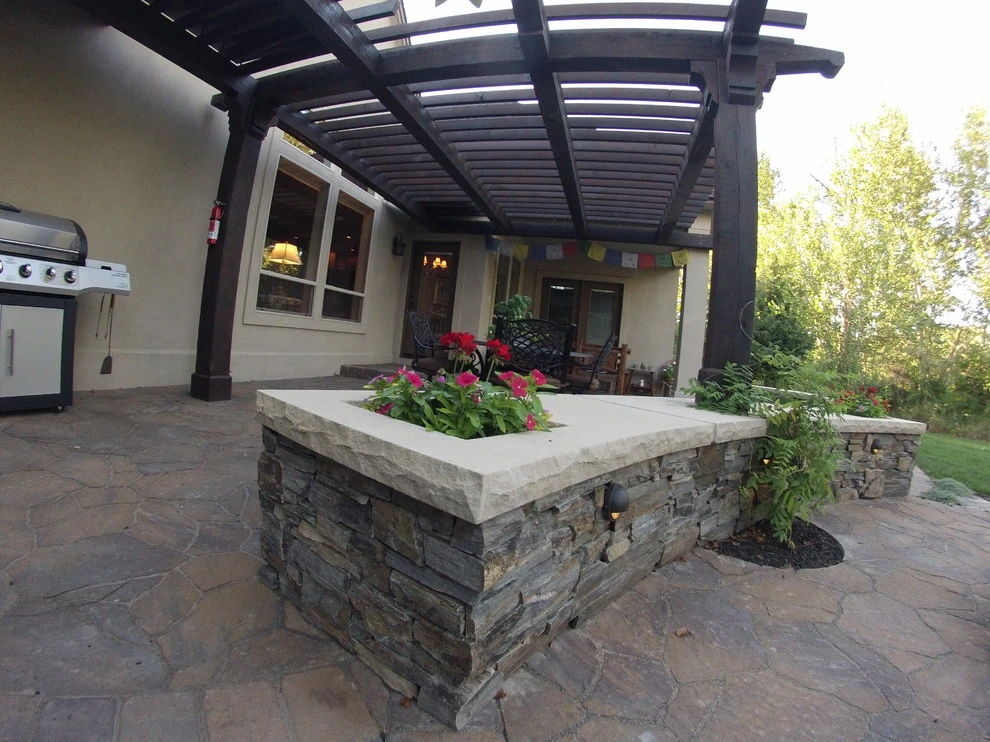 Cedar Pergola with Stone Seating by TLC Landscape - Photo 8