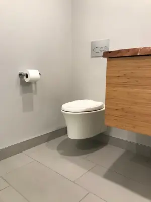 Custom Walnut Countertop Bathroom Renovation with Wall-Mounted Toilet and Additional Features — Home Renovation & Remodeling Services project by D & L Construction