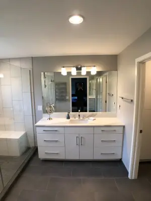 Bathroom renovation featuring spacious shower, private water closet, towel warmer, and additional amenities — Home Renovation & Remodeling Services project by D & L Construction