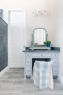 French Country Bathroom Renovation in Blue by Mae Reedy Build + Design