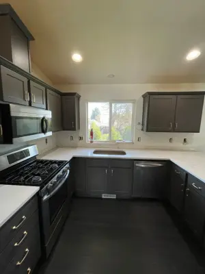 Quartz Countertops and Charcoal Shaker Kitchen Makeover by Emerald City Custom Cabinets