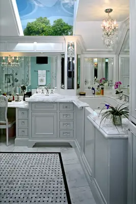 Whittier Municipality, tailored bathroom, classic white inset cabinets by The Kitchen Design Center
