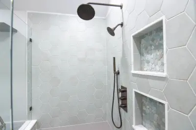 Modern Bohemian Primary Bathroom and Closet Renovation in Overland Park, KS by KCBR Design | Remodel