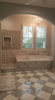 Bespoke Bathroom Featuring Checkerboard Flooring — Kitchen Remodeling project by Henle Construction, Inc.