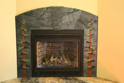 Montana Stone and Glass Fireplace — Tile & Stone Installation Services project by Marin Designworks Glass Tile Design & Waterjet Art