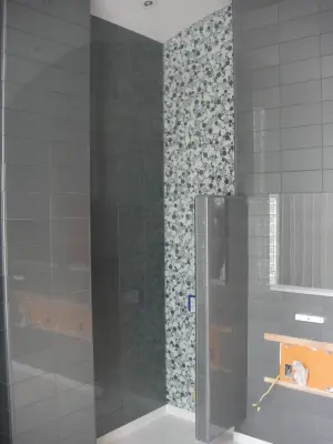 Tile Bath with Glass — Tile & Stone Installation Services project by Heinrichs Custom Tile And Stone