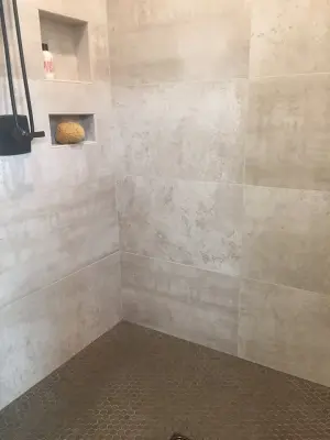 Modern Rustic Shower | Home Showcase 2017 — Tile & Stone Installation Services project by Tile Trends, Inc.