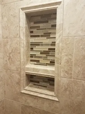 Travertine Slabs and Brown Subway Glass — Tile & Stone Installation Services project by Midwest Mosaic, Inc.
