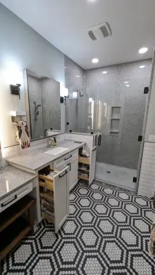 Monochrome Luxury Bathroom — Kitchen Remodeling project by Pixley Lumber, Co.