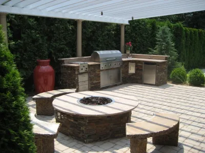 Cozy Covered Patio, with Outdoor Kitchen & Fire Pit — Landscape Design project by Outdoor Living Of NJ