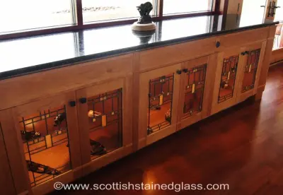 Cabinet with Stained Glass in Prairie Style — Window Installation & Replacement project by Stained Glass San Antonio
