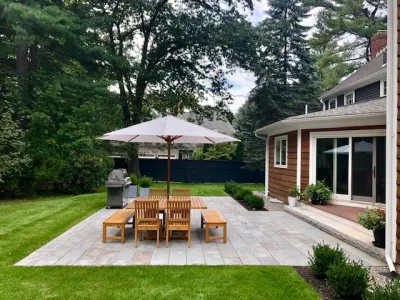 Lexington, MA rear patio and vegetable garden — Landscape Design project by Sallie Hill Design, Landscape Architect in Lexington