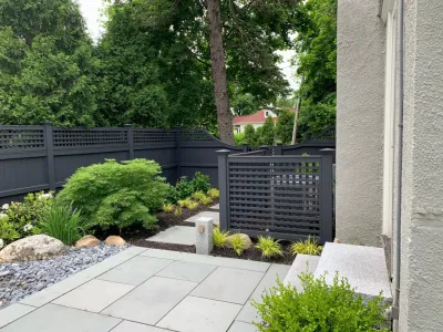 Newton, MA rear pergola /patio by Sallie Hill Design, Landscape Architect