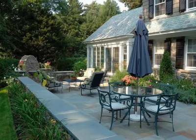 Dover, MA- Driveway entrance and rear patio design — Landscape Design project by Sallie Hill Design, Landscape Architect in Dover